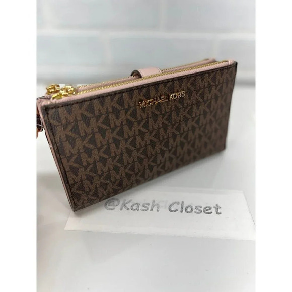 Michael Kors MK Double Zip Wristlet Wallet -PowderBlush/ Brown - Picture 1 of 8